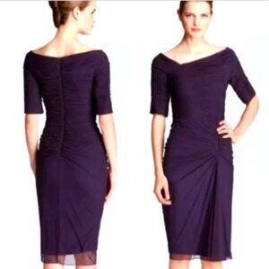 Tadashi Shoji Asymmetric Ruched Sleeve Draped mesh Formal dress S Eggplant #14N